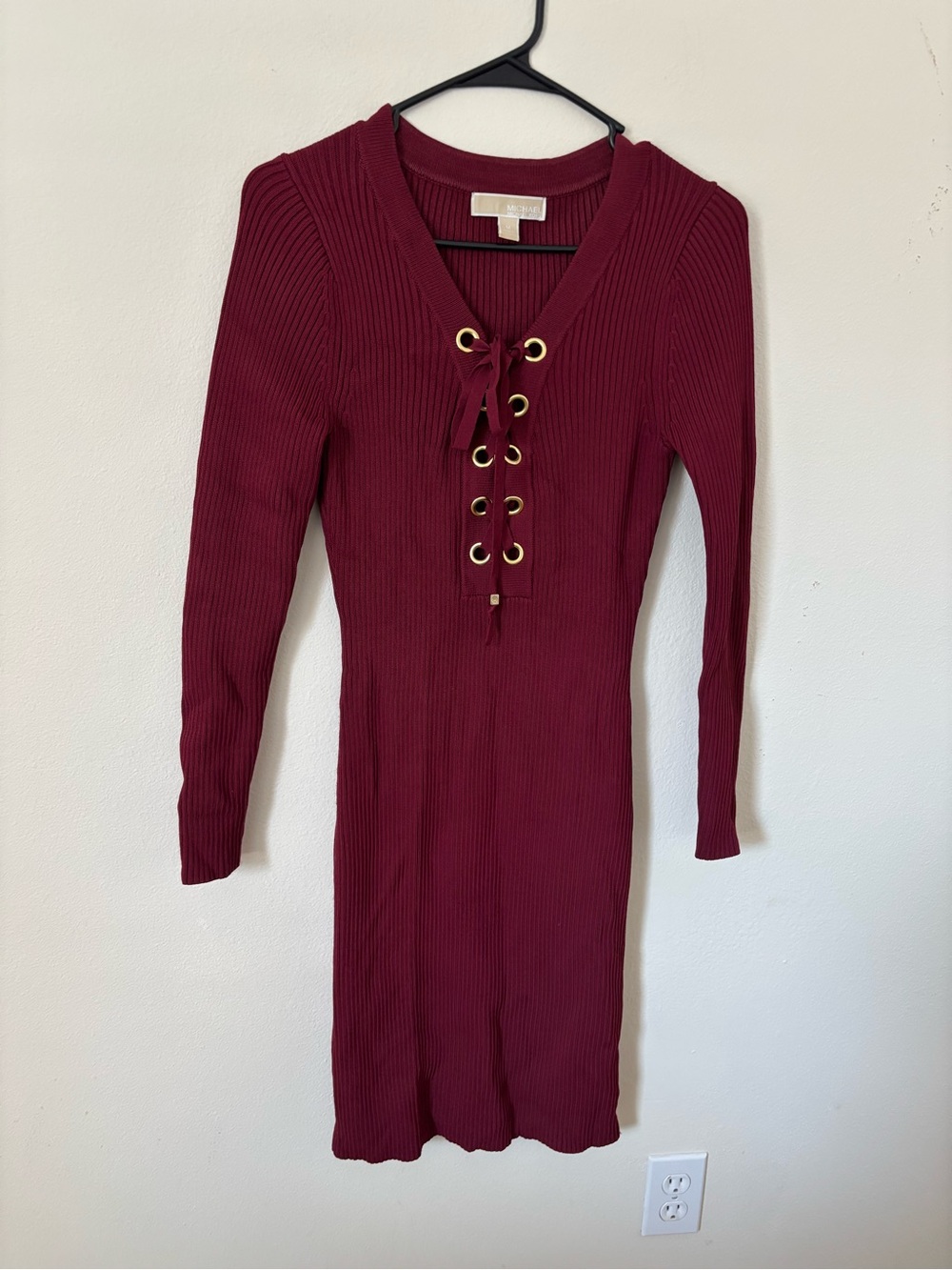 Michael Kors Ribbed Lace-Up Long Sleeve Sweater Dress in Dark Brandy